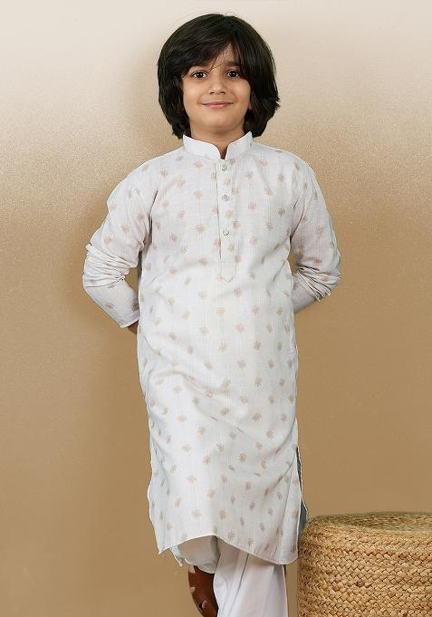 Beige Printed Cotton Kurta For Boy