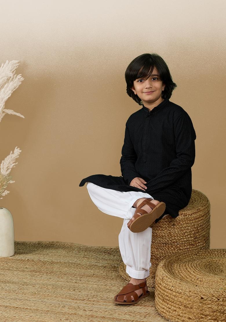 Black Chikan Embroided Cotton Kurta For Boy