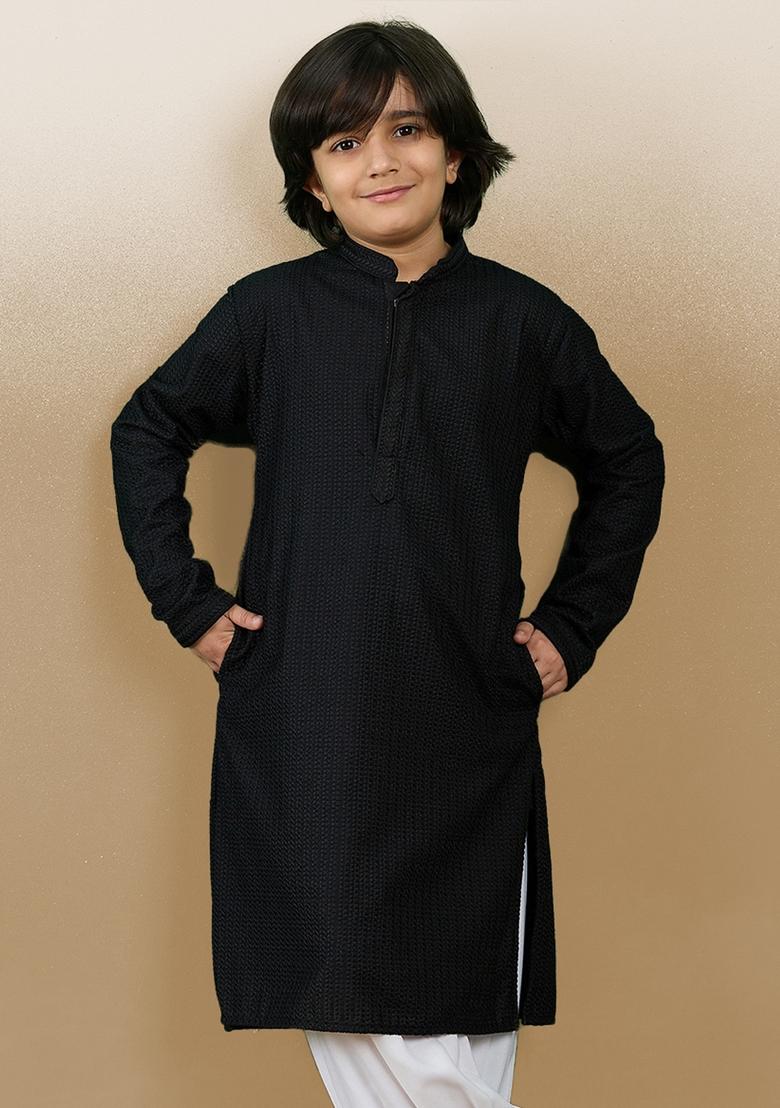 Black Chikan Embroided Cotton Kurta For Boy