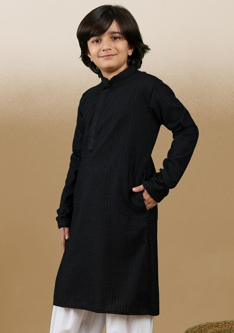 Black Chikan Embroided Cotton Kurta For Boy