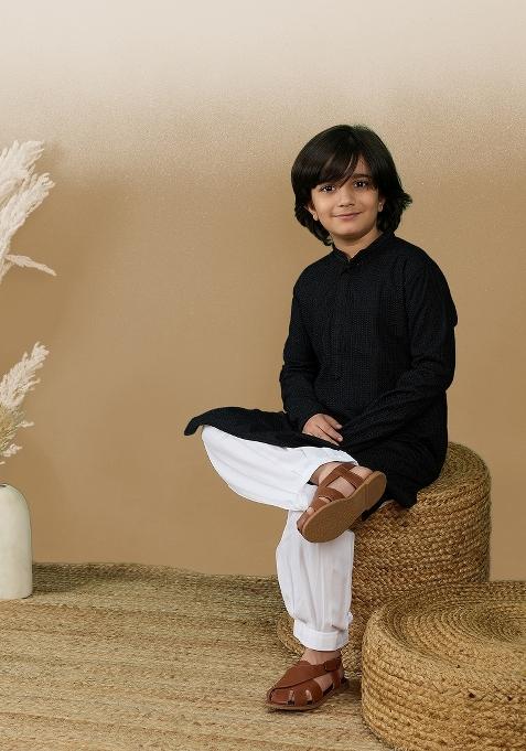 Black Chikan Embroided Cotton Kurta For Boy