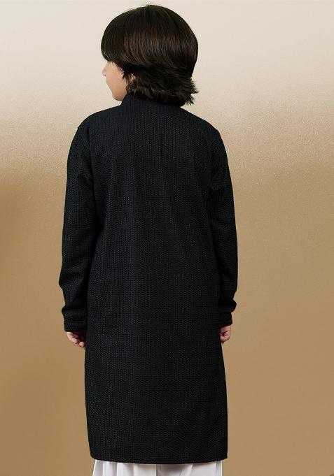 Black Chikan Embroided Cotton Kurta For Boy