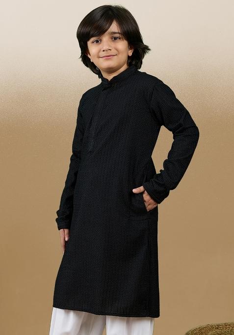 Black Chikan Embroided Cotton Kurta For Boy