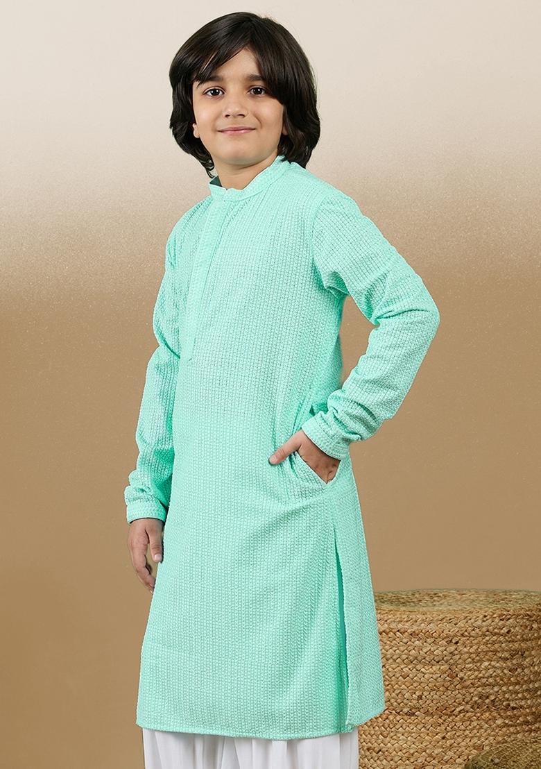 Sea Green Chikan Embroided Cotton Kurta For Boy