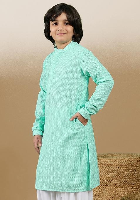 Sea Green Chikan Embroided Cotton Kurta For Boy