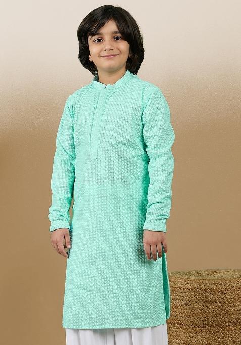 Sea Green Chikan Embroided Cotton Kurta For Boy