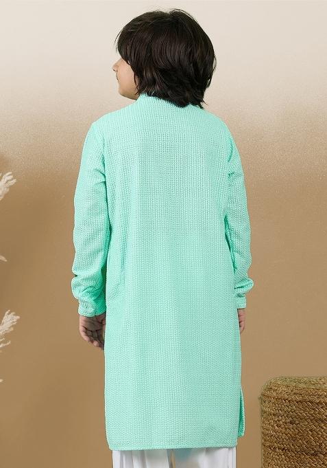 Sea Green Chikan Embroided Cotton Kurta For Boy