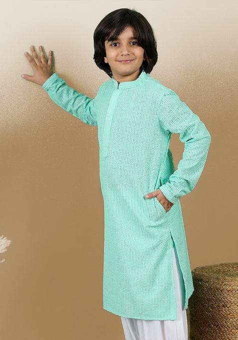 Sea Green Chikan Embroided Cotton Kurta For Boy