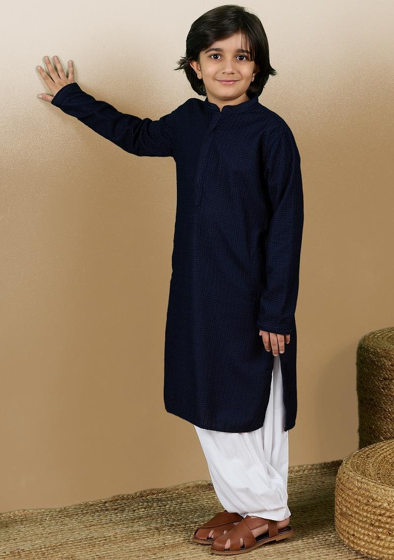 Deep Blue Chikan Embroided Cotton Kurta For Boy