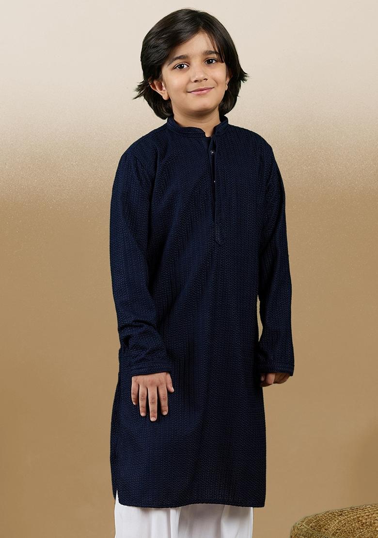 Deep Blue Chikan Embroided Cotton Kurta For Boy