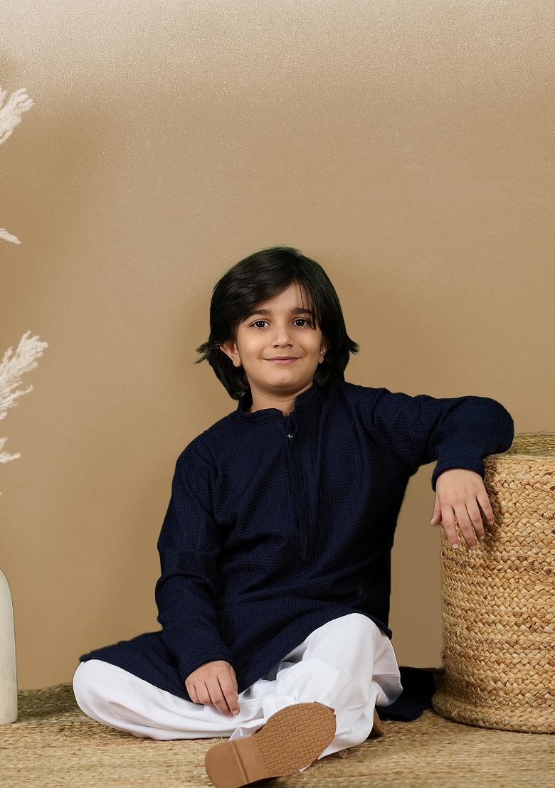Deep Blue Chikan Embroided Cotton Kurta For Boy