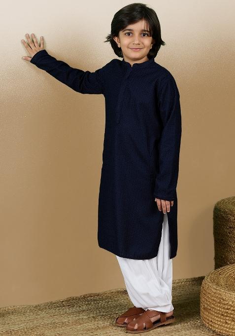 Deep Blue Chikan Embroided Cotton Kurta For Boy