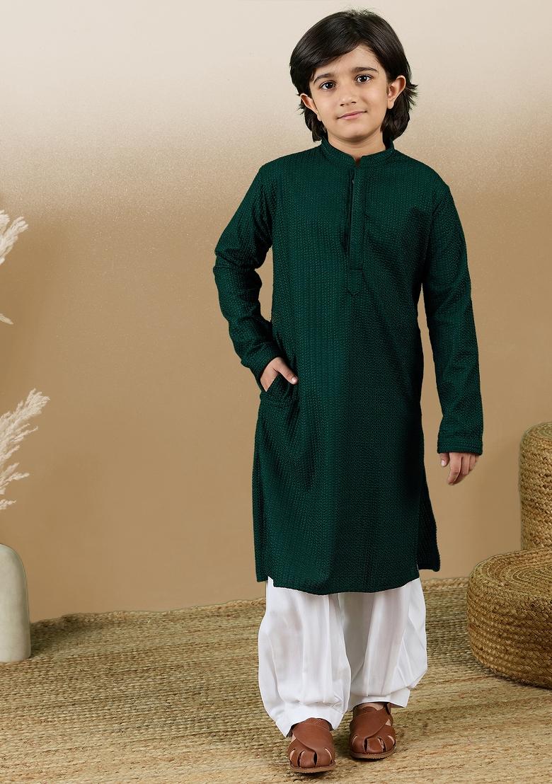 Deep Green Chikan Embroided Cotton Kurta For Boy