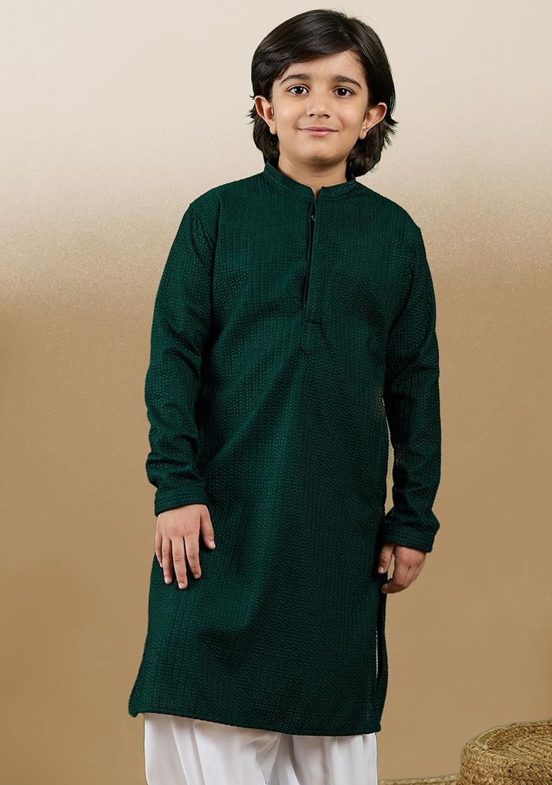 Deep Green Chikan Embroided Cotton Kurta For Boy