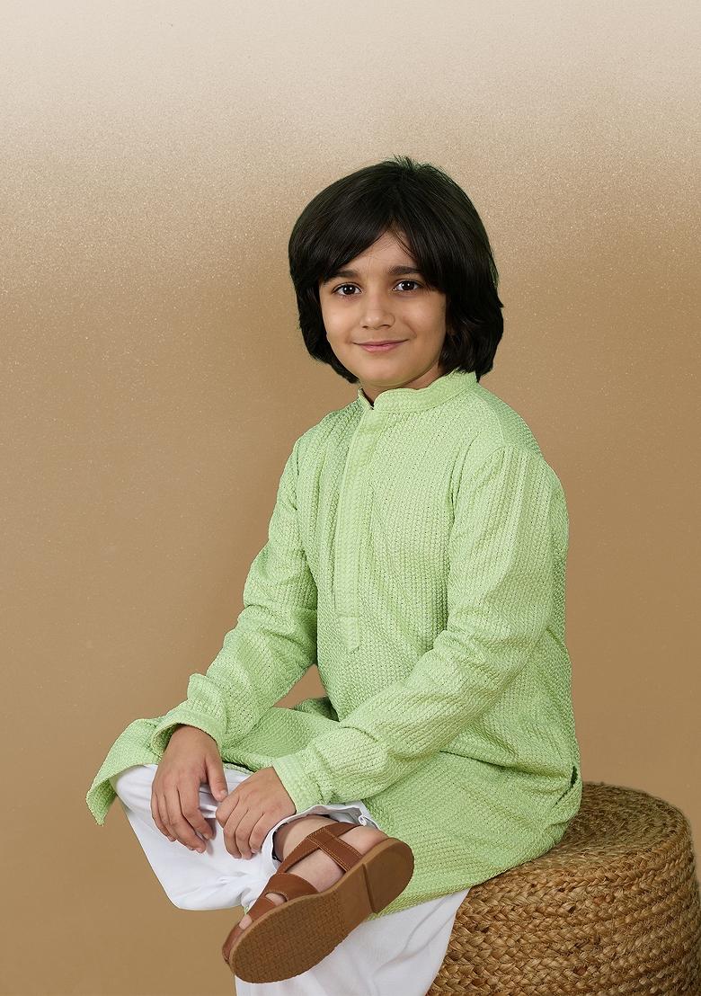Light Green Chikan Embroided Cotton Kurta For Boy