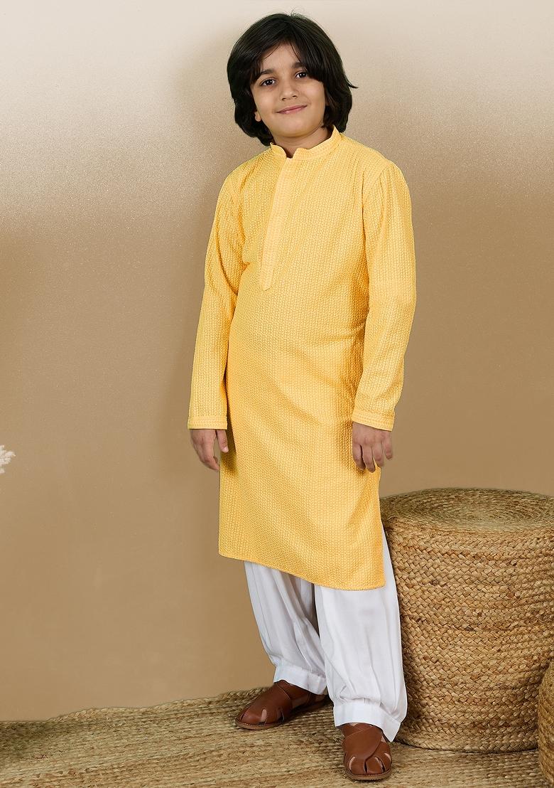 Light Yellow Chikan Embroided Cotton Kurta For Boy
