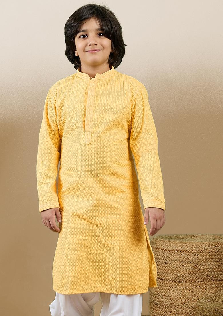 Light Yellow Chikan Embroided Cotton Kurta For Boy