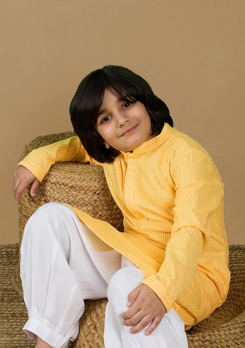 Light Yellow Chikan Embroided Cotton Kurta For Boy