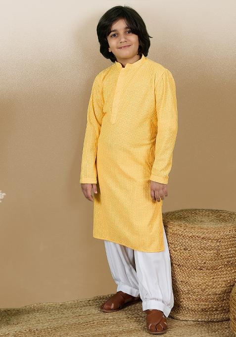 Light Yellow Chikan Embroided Cotton Kurta For Boy
