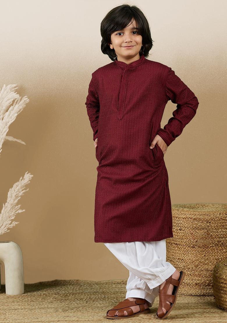 Maroon Chikan Embroided Cotton Kurta For Boy