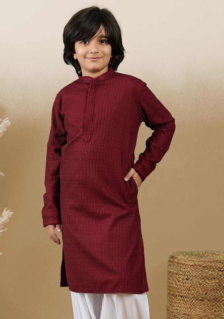 Maroon Chikan Embroided Cotton Kurta For Boy
