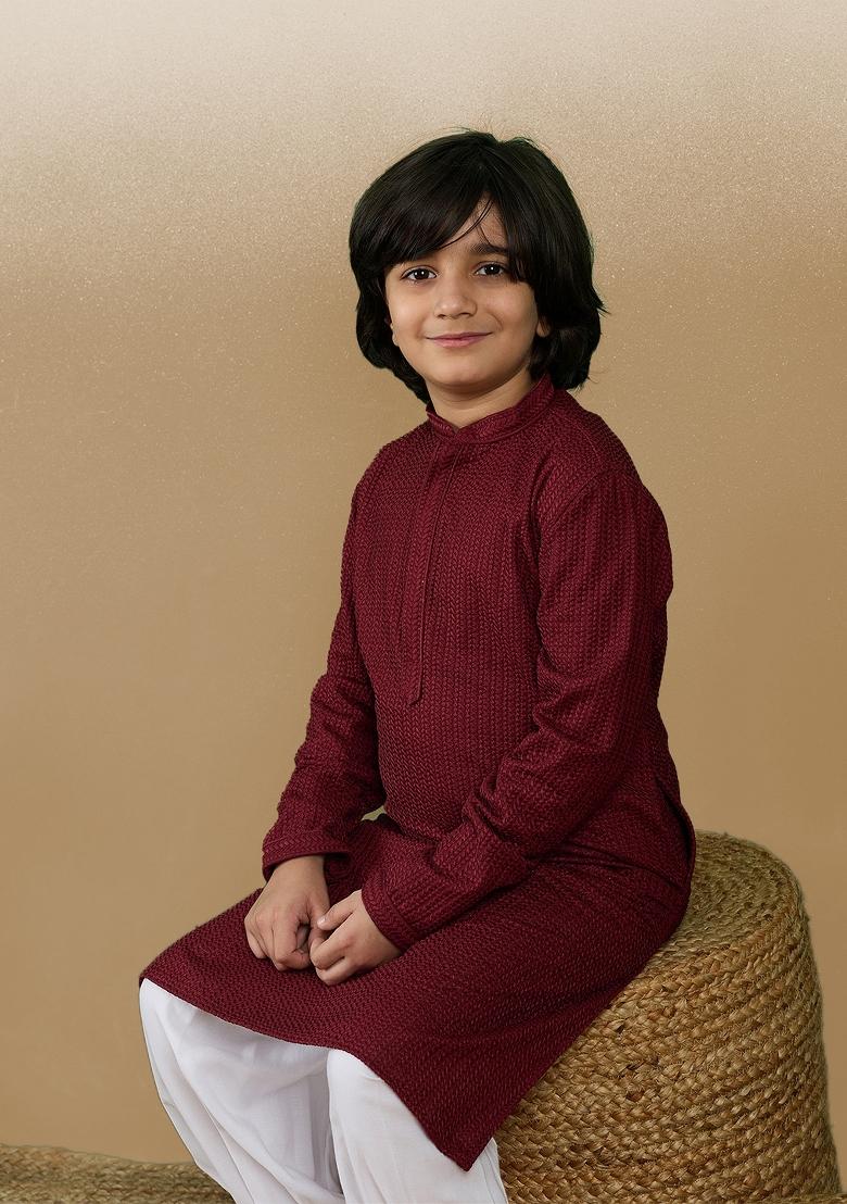 Maroon Chikan Embroided Cotton Kurta For Boy