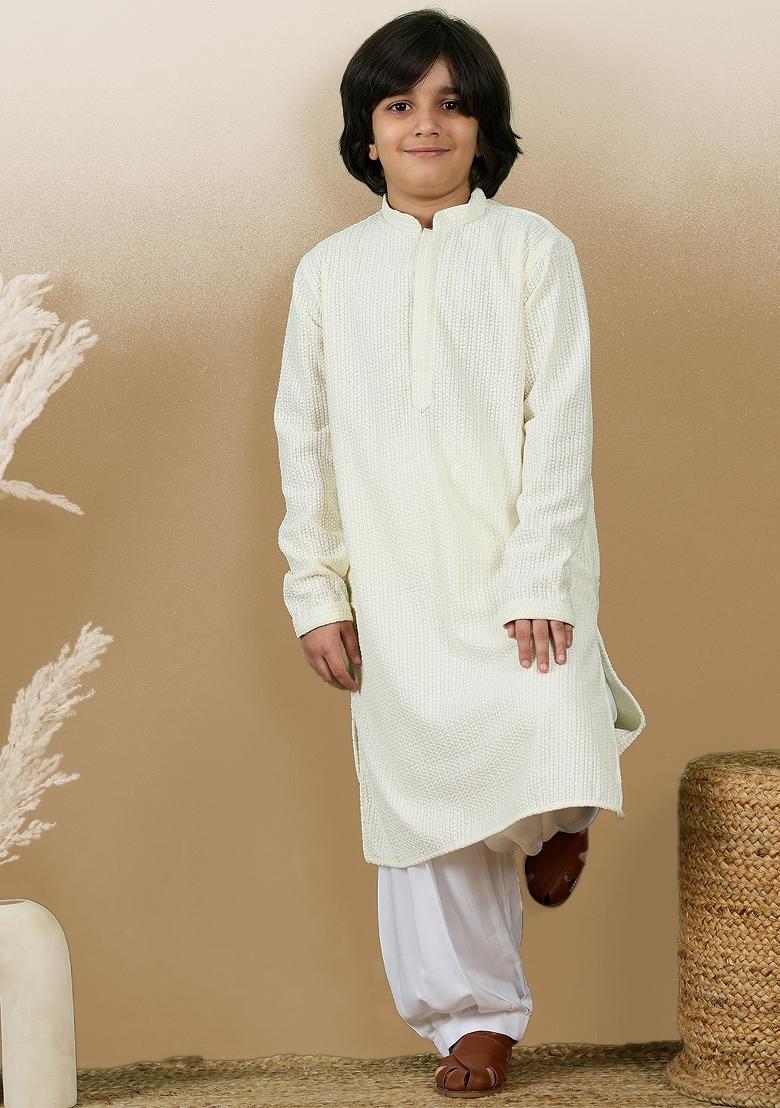 Off White Chikan Embroided Cotton Kurta For Boy