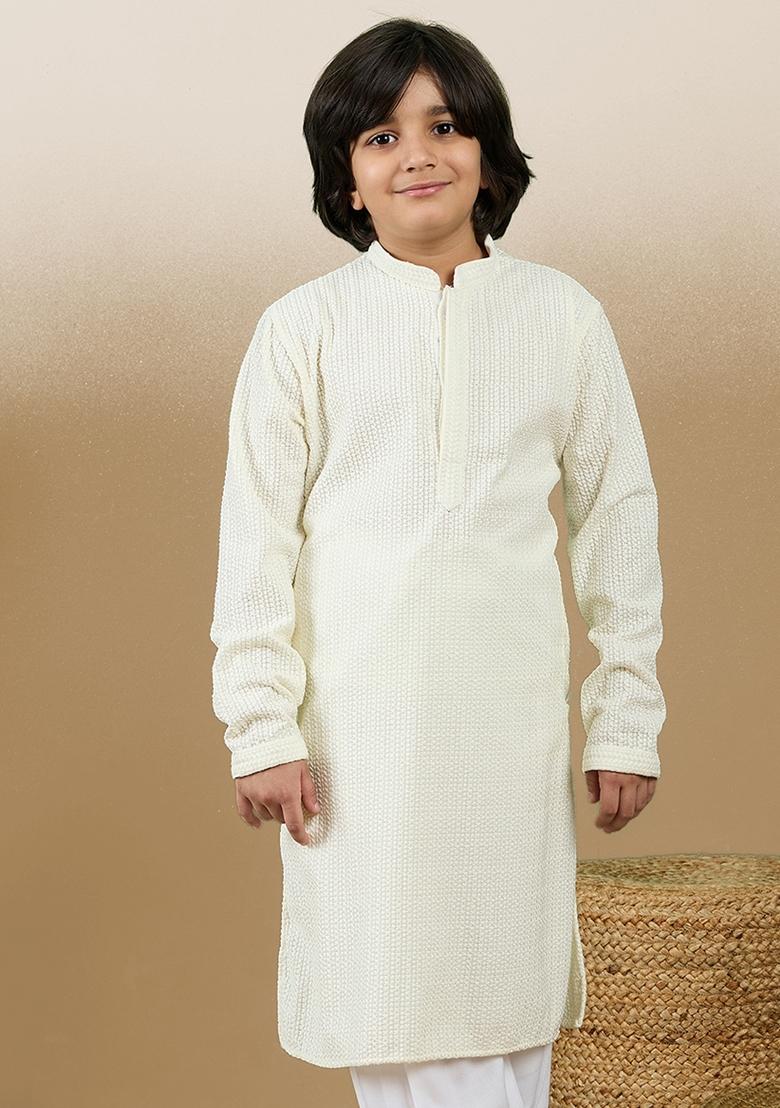 Off White Chikan Embroided Cotton Kurta For Boy