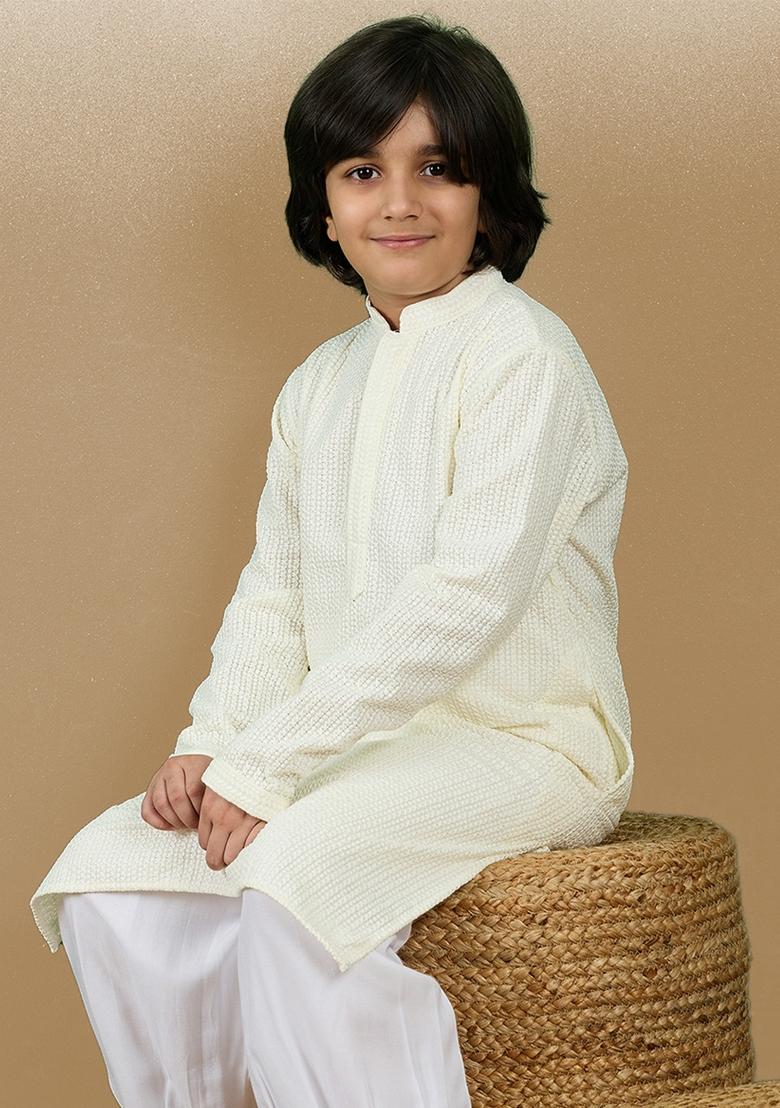Off White Chikan Embroided Cotton Kurta For Boy