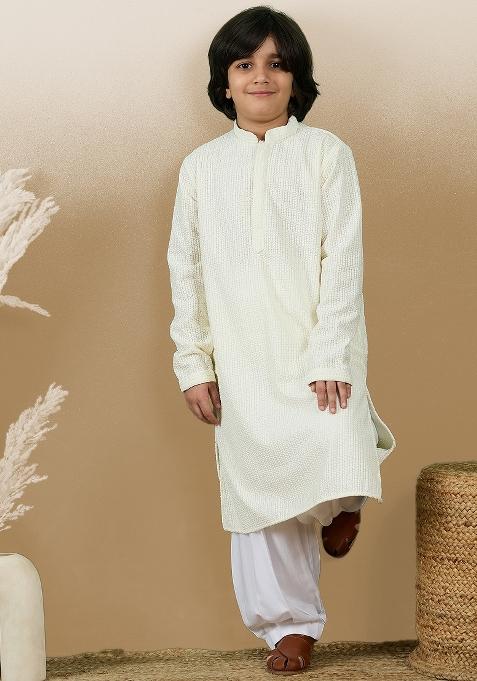 Off White Chikan Embroided Cotton Kurta For Boy