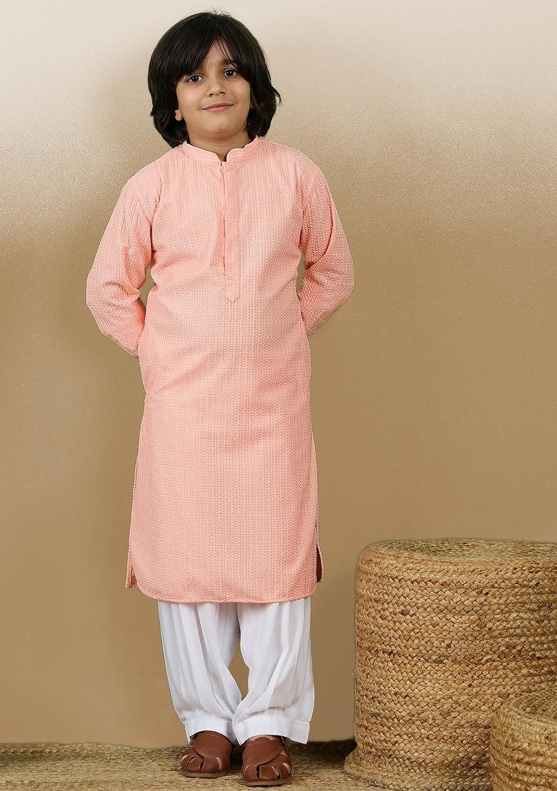 Pink Chikan Embroided Cotton Kurta For Boy