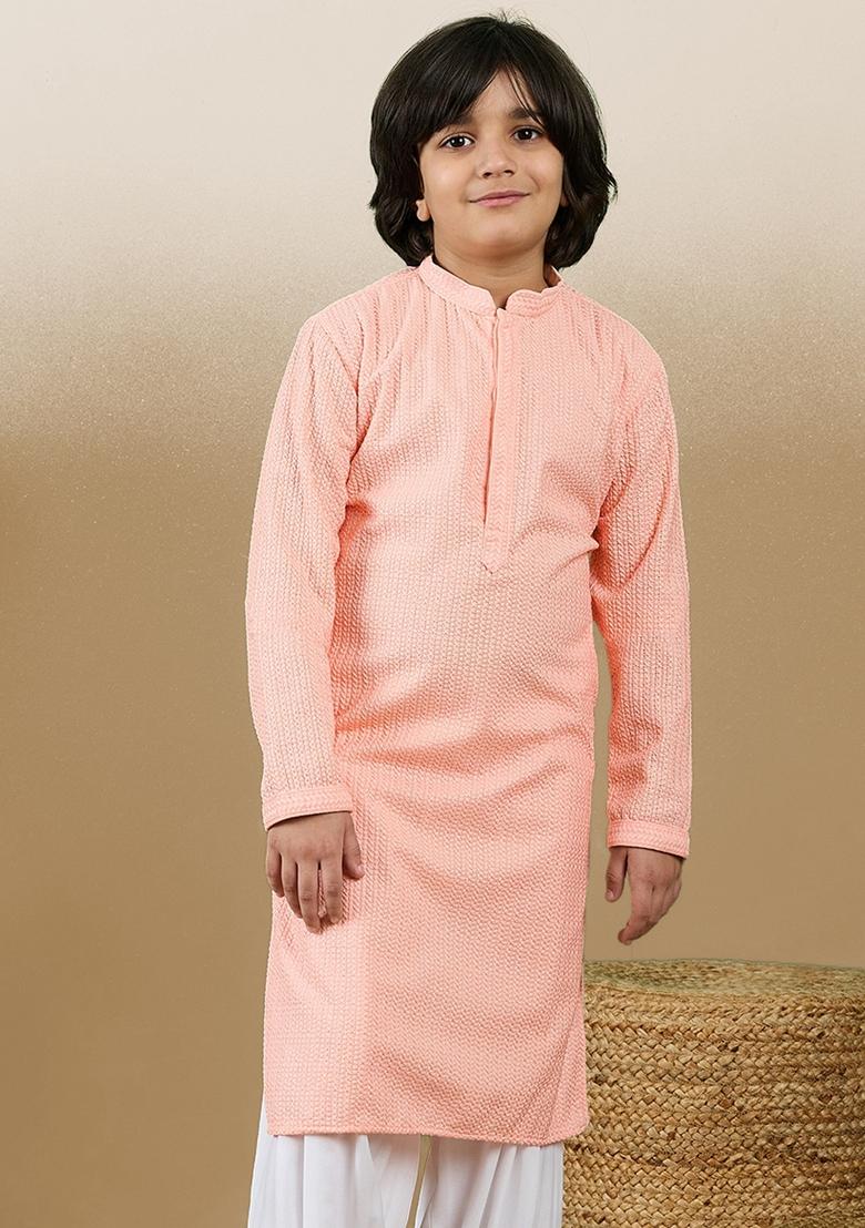 Pink Chikan Embroided Cotton Kurta For Boy