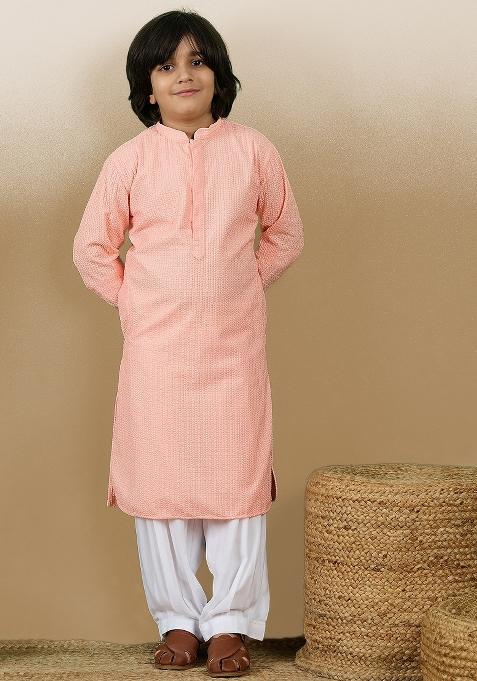 Pink Chikan Embroided Cotton Kurta For Boy