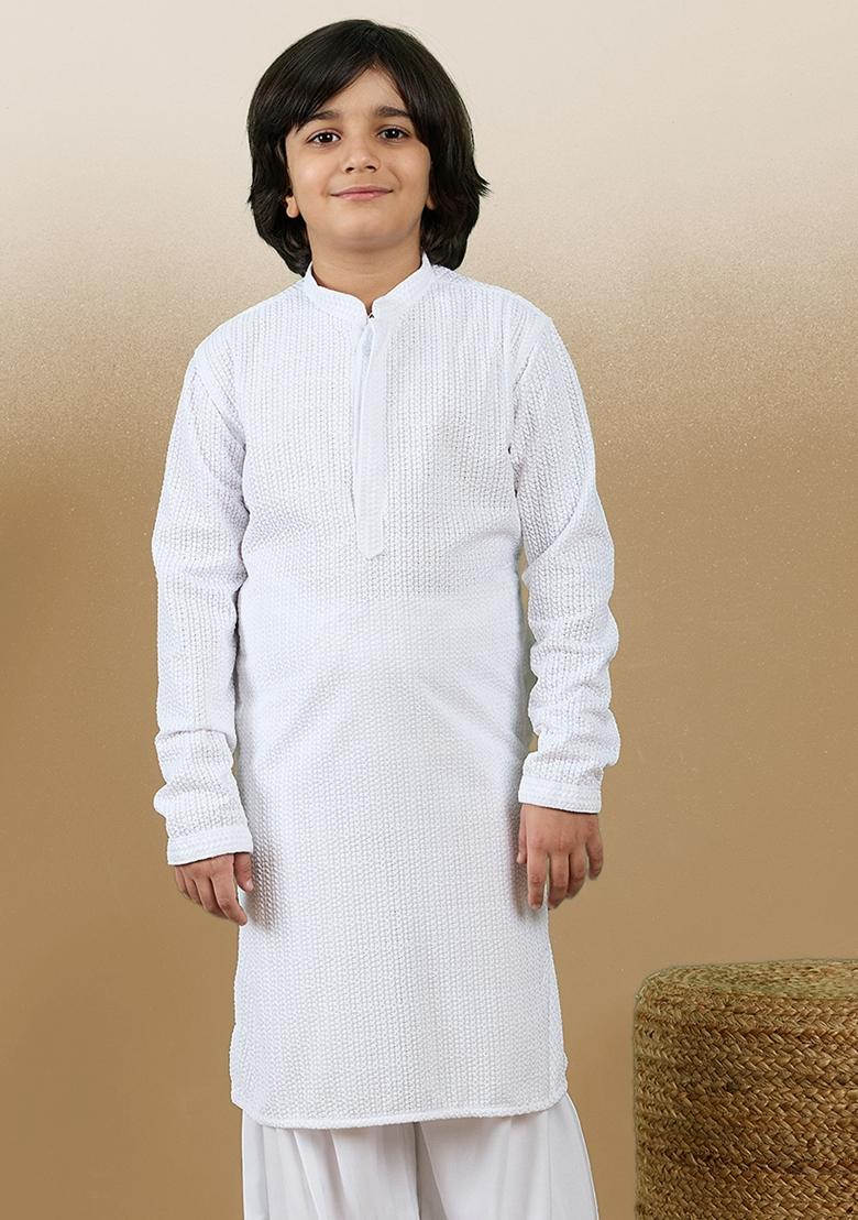 White Chikan Embroided Cotton Kurta For Boy