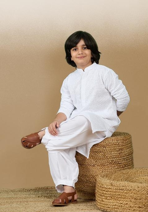 White Chikan Embroided Cotton Kurta For Boy