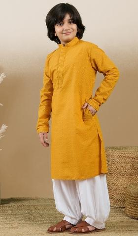 Mustard Chikan Embroided Cotton Kurta Set For Boy