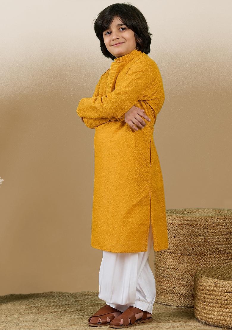 Mustard Chikan Embroided Cotton Kurta Set For Boy