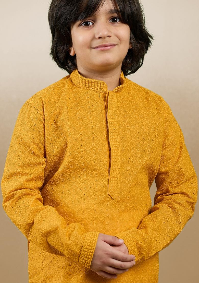 Mustard Chikan Embroided Cotton Kurta Set For Boy