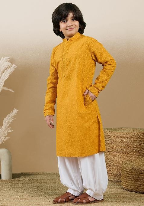 Mustard Chikan Embroided Cotton Kurta Set For Boy