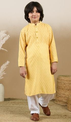 Light Yellow Printed Cotton Kurta Set For Boy