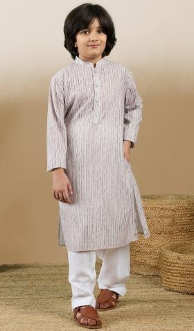 Beige Printed Cotton Kurta Set For Boy