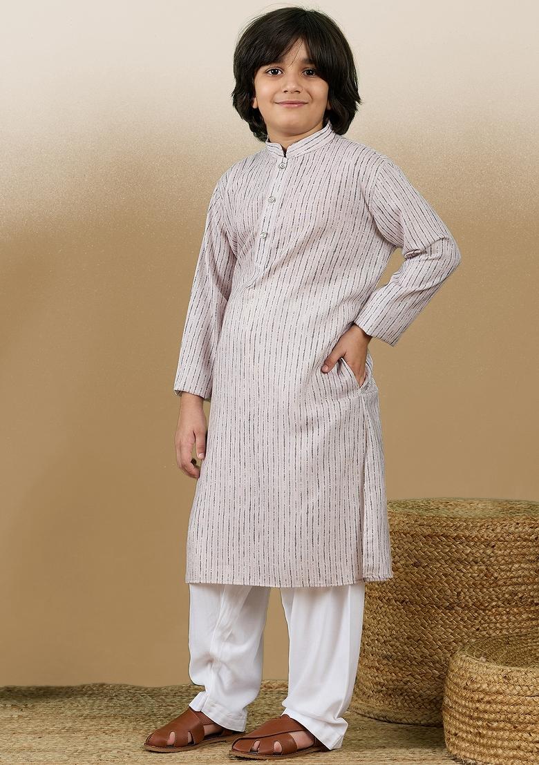 Beige Printed Cotton Kurta Set For Boy - Indya