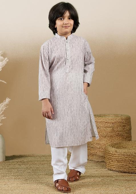 Beige Printed Cotton Kurta Set For Boy