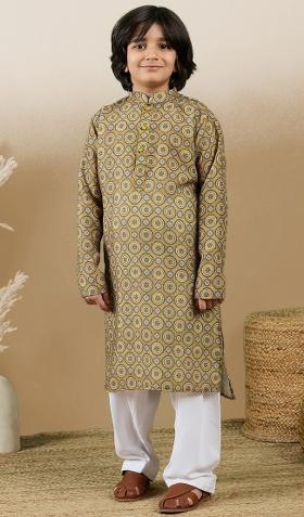 Mustard Printed Cotton Kurta Set For Boy