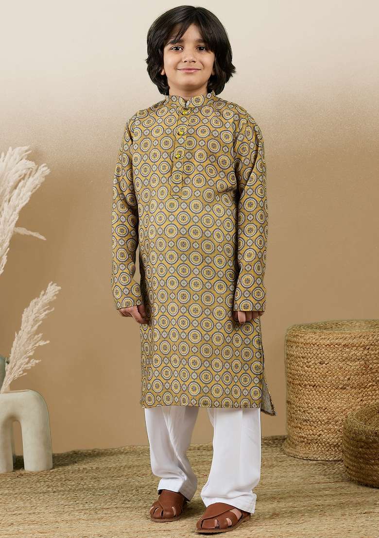 Mustard Printed Cotton Kurta Set For Boy - Indya