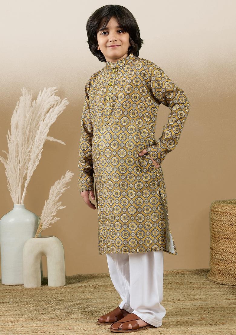 Mustard Printed Cotton Kurta Set For Boy