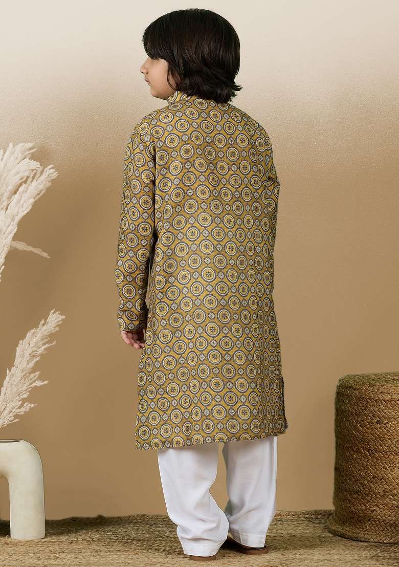 Mustard Printed Cotton Kurta Set For Boy - Indya