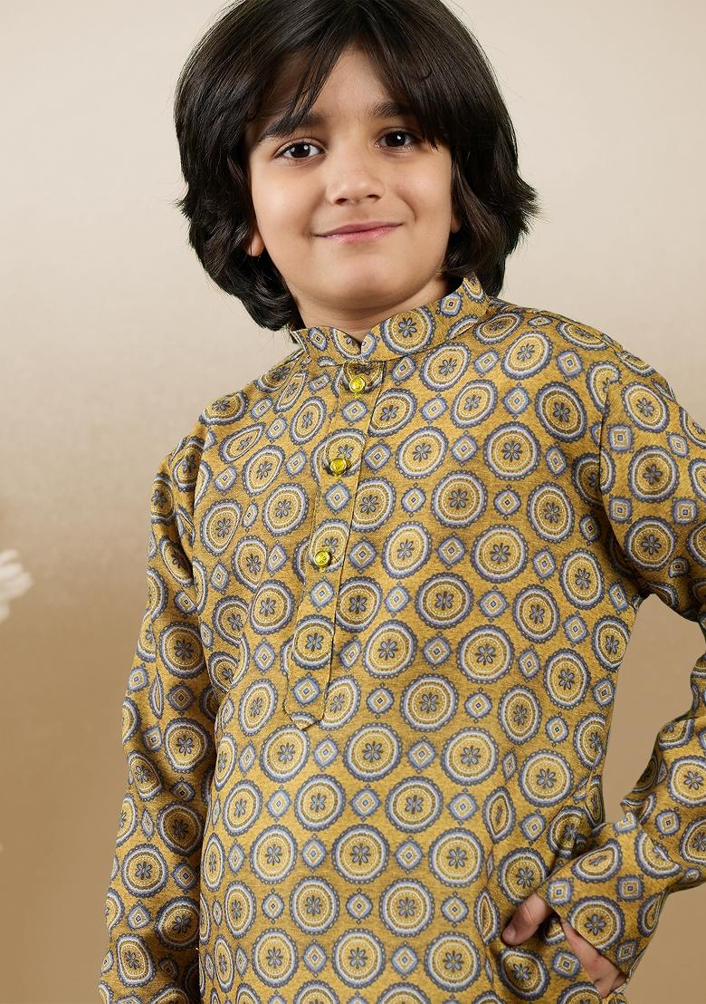 Mustard Printed Cotton Kurta Set For Boy