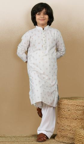 Beige Printed Cotton Kurta Set For Boy