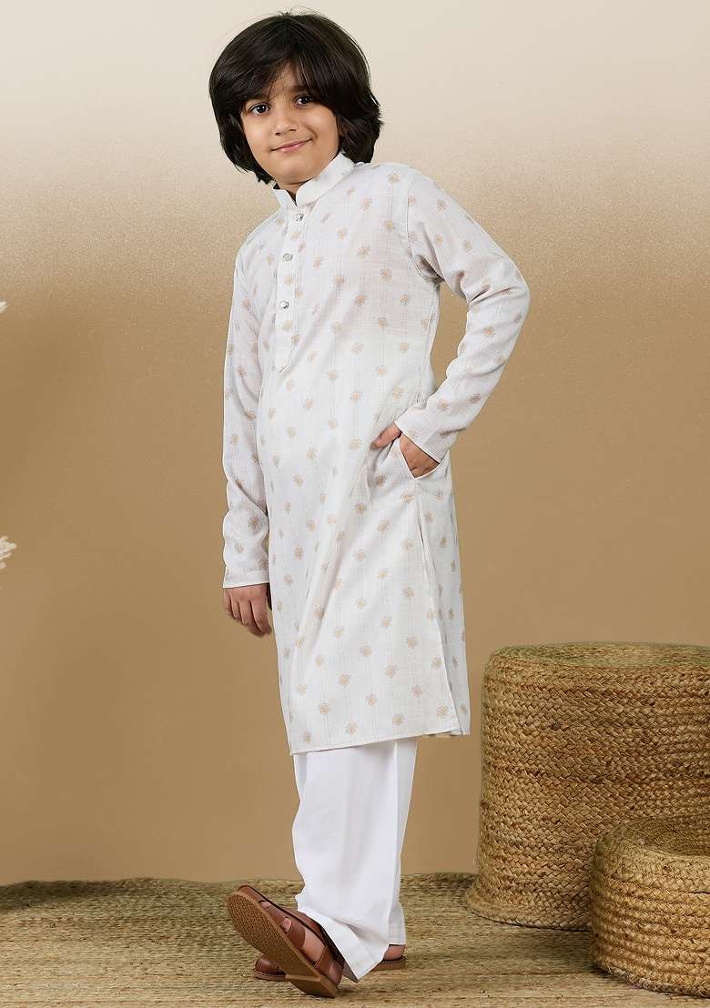 Beige Printed Cotton Kurta Set For Boy - Indya